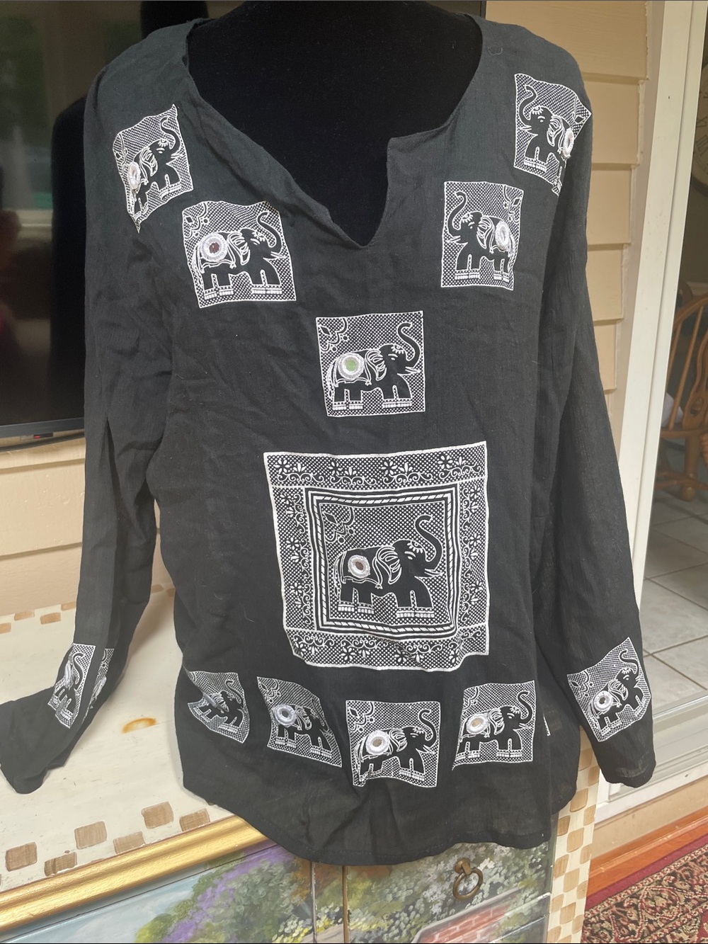 India Arts Black Elephant Print Top